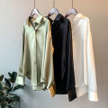 Yfashion Women Cotton  Satin  Shirt Lapel Long-sleeved Solid Color Loose Drape Retro Shirt color. 