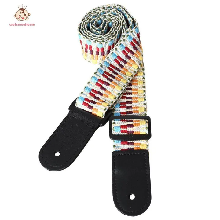 welcomehome Adjustable Guitar Ukulele Strap Rainbow Webbing Belt with PU Leather Ends