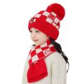 2Pcs/Set Winter Cute Pompom Children Hat Scarf Set Neck Warmer Woolen Knitted Scarf Cap Checkerboard Kids Beanie Caps Gifts. 