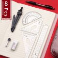 8pcs/set Geometry Compasses Ruler Protractor, Drawing Math Study Tool Kit Suit Set Square. 