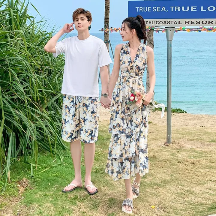 Couple%20Wear%20Seaside%20Vacation%20Style%20Beach%20Backless%20Lace%20up%20Cake%20Dress%20Female%20Male%20T%20Shirt%20You%20My%20Dress%20Trendy%20Suit%20-%20Image%203