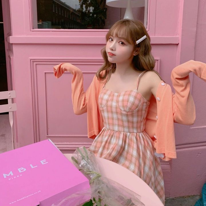 New Spring and Summer Sweet Pink Plaid Strap Dress for Women Summer Fresh Student Dress Korean Style Girl