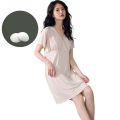 Yfashion Women's Nightgown Plus Sized Short Sleeve V-Neck Nightshirts Solid Color Loose Pajamas Dress With Pad Casual Sleepwear. 