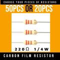 50Pcs / 20Pcs Resistors - 220 Ohm Carbon Film Resistor 1/4 W Resistance 0.25 Watt 4 Color Band High Quality For DIY. 