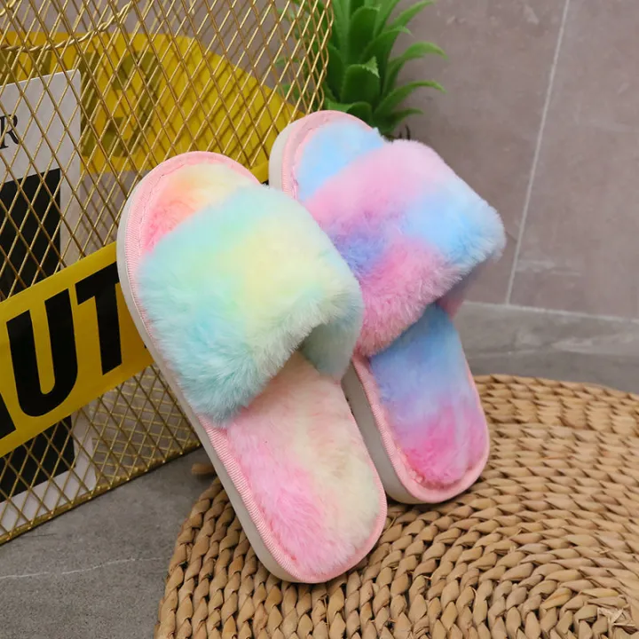Home%20Children%20Parent-Child%20Fluffy%20Slippers%20Boys%20and%20Girls%20Colorful%20One-Word%20Autumn%20and%20Winter%20Floor%20Indoor%20Plush%20Slippers%20Rainbow%20-%20Image%202