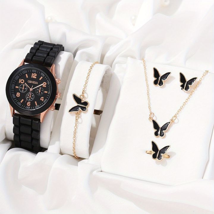 【Good selling】1PC casual round pointer quartz watch cool fashion analog silicone wristwatch & 5PCs butterfly jewelry set, gift for women