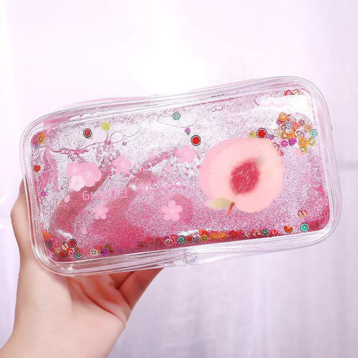High-Profile Figure Cute Peach Quicksand Pencil Case Girl Heart Creative Sequins Korean Simple Quicksand Stationery Box