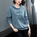 Yfashion Women Cotton Hooded Sweater Trendy Letter Printing Long Sleeves Sweatshirt Loose Pullover Tops. 