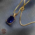 22KT gold plated Box Chain with CZ rectangle Dark Blue stone eye catching rare chain pendent. 