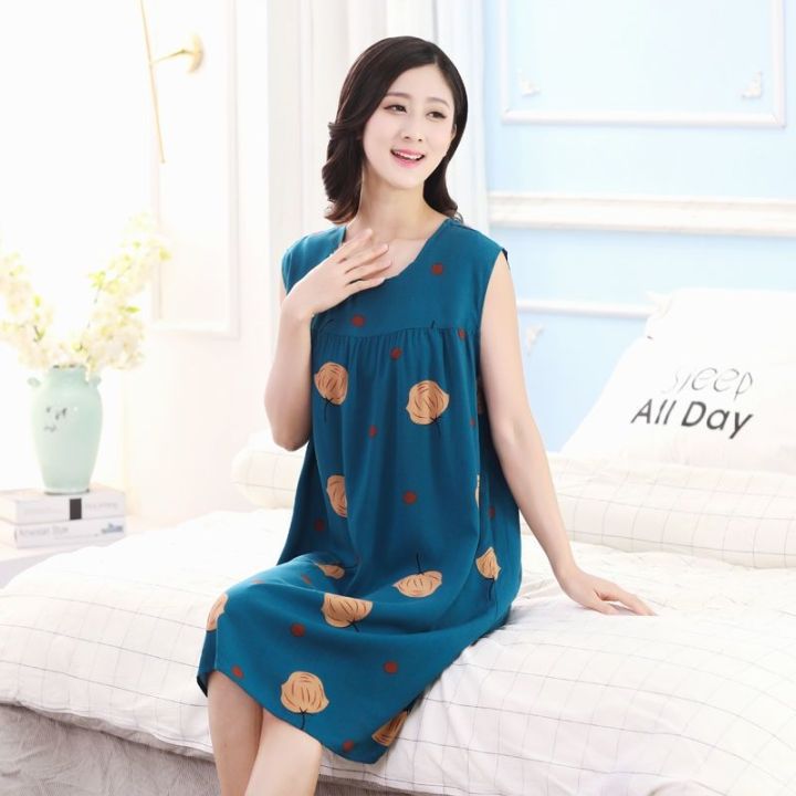 Artificial%20Cotton%20Nightdress%20Women's%20Summer%20Short-Sleeved%20Nightdress%20Sleeveless%20Daily%20Wear%20Pajamas%20plus%20Size%20Artificial%20Cotton%20Middle-Aged%20Mom%20Dress%20-%20Image%202