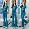 Yfashion 2 Pcs Women Outfits Round Collar Short Sleeve T-shirt Flared Pants Fashion Casual Sports Sweater Suit color. 