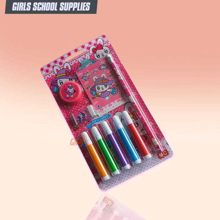 QP 9 PCS Girls School Supplies & School Equipment Kids School Class Stationery Kit