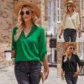 Yfashion Women V-neck Shirt Casual Long Sleeves Loose Tops Simple Solid Color Pullover Tops For Date Party Beach. 