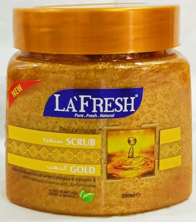 New La Fresh Face & Body Gold Scrub 500ml With Collagen & Vitamin E - UAE