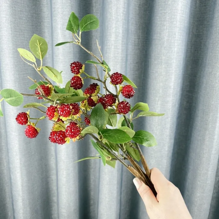 Flower Arrangement Green Leaves Artificial Raspberry Branch Faux Red ...