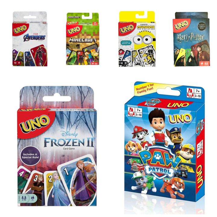 Uno Designs Cartoon Card Pack - 108 Cards - Uno Card Pack Themes - Avengers / Frozen / Minions / Harry Potter / Paw Petrol / Minecraft / Anime / Pokemon / Star Wars