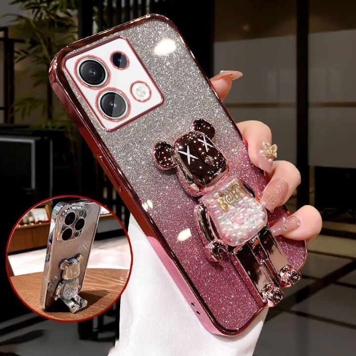 Infinix Note 40 4G / Note 40 Pro 4G 5G / Note 40 Pro Plus 5G Back Cover with 3D Cartoon Cute Bear Stand Holder Luxury 6D Plating Shiny Glitter Stylish Girls Phone Case Clear Soft Silicone Protective Cases Pouch