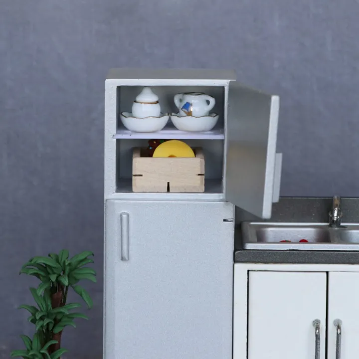 1/12%20Miniature%20Wooden%20Double%20Door%20Refrigerator%20Simulation%20Fridge%20Model%20for%20Doll%20House%20Decoration%20Silver%20-%20Image%205