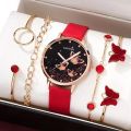 【no box】 5pcs Set Women/Girls Red Color Watches Ladies Fashion Butterfly Watch New Simple Casual Womens Analog Wrist Watch Bracelet Gift【no box】. 