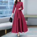 ZANZEA Women Long Sleeve Party Evening Prom Dress A-Line Plain Tunic Maxi Dresses. 