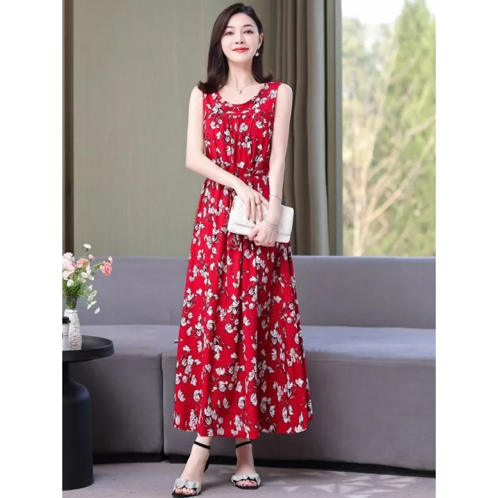 Summer%20Noil%20Poplin%20Dress%20Large%20Size%20Loose%20Floral%20Mid-Length%20Sleeveless%20Suspender%20Skirt%20Outer%20Wear%20Bottoming%20Vest%20Long%20Skirt%20for%20Women%20-%20Image%202