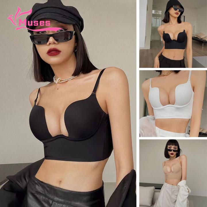 Muses Mall Women Bra Women Deep U Neck Bra Shaper Beauty Back Backless Push Up Spaghetti Straps Padded Brassiere U-shaped Front Bra