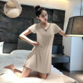 Pajamas Women's Summer One-Piece Short-Sleeved Dress with Chest Pad Mid-Length Student Cute Loungewear Can Be Worn outside. 