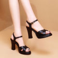 Genuine Leather Buckle Waterproof Platform High Heels Women's Chunky Heel Sandals2023New Summer Open Toed Thick Bottom Women's Mid-Heel Shoes. 