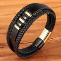 Fashion 3 Layers Black Punk Style Design Leather Bracelet for Men Stainless Steel Magnetic Button Birthday Gift Male Bracelets. 
