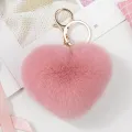 Fluffy Heart Pompom Keychain for Women - Soft Faux Rabbit Fur, Alloy Material, 9x14.5 cm. 