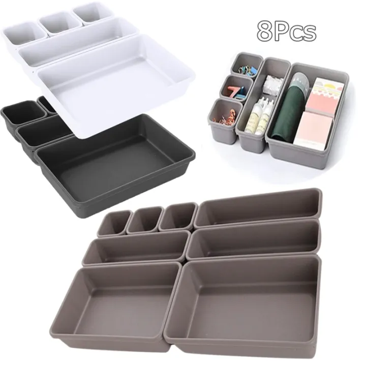 8Pcs 3-Size Multpurpose Portable Desk Drawer Organizer Trays Durable Plastic Interlocking Storage Boxes Dividers Household Office Supplies