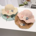 Kids Girls Large Wide Flower Straw Woven Sun Protection Beach Hat Colorful Sunscreen Ball Summer Floppy Bucket Cap Portable Handbag. 