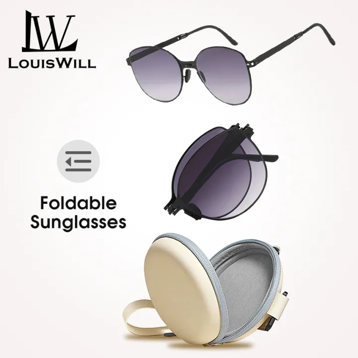LouisWill Foldable Sunglasses Women's Alloy Sunglasses Large Frame Sunglasses Collapsible Ultralight Folding Sunglasses In Round Packaging Handbag  Outdoor Travel UV400 Sunglasses