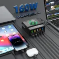 868H 160W 5-Port USB PD Charger Dual USB-A QC3.0+Dual PD65W Type-C+65W Type-C PD3.0 with 15W 10W 7.5W 5W Wireless Fast Charger for iPhone 14 14Pro 14Pro Max for Huawei Mate50 for Samsung Galaxy S23 for Xiaomi 13pro-Black. 