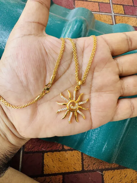 Gold%20plated%203mm%2018/24%20Inch%20Bismark%20chain%20with%20sun%20design%20Pendant%20with%20stone%20for%20women%20-%20Image%207