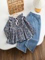 Girls' spring autumn suits 2023 new children's baby floral shirt Tops+ jeans Denim Pants two-piece clothing sets. 