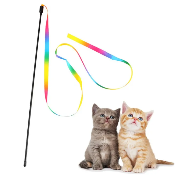 Cat Rainbow Wand Toys Interactive Cat Teaser Wand String Colorful Ribbon Charmer for Most Cats and Kittens