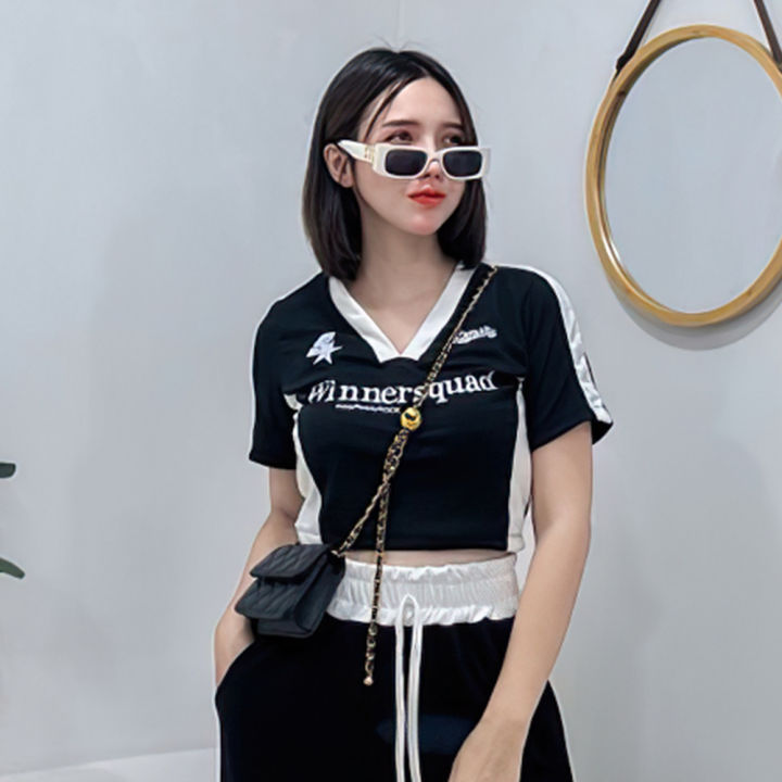 Womens 100% Cotton Korean Jerseyl Sports Casual Spice Girls Tight V-neck Tops Fashion T-shirt Tees