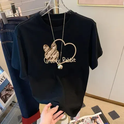 White%20Short%20Sleeve%20T%20T-shirt%20Women's%20Summer%20New%20Loose%20T-shirt%20Western%20Style%20Younger%20Fashion%20Cute%20Printed%20Half%20Sleeve%20Top%20-%20Image%202