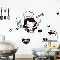 Waterproof Cartoon Happy Girl Chef Sticker Cute Black Loves Cooking Wall Sticker Non-toxic PVC Kitchen Decal Kitchen. 