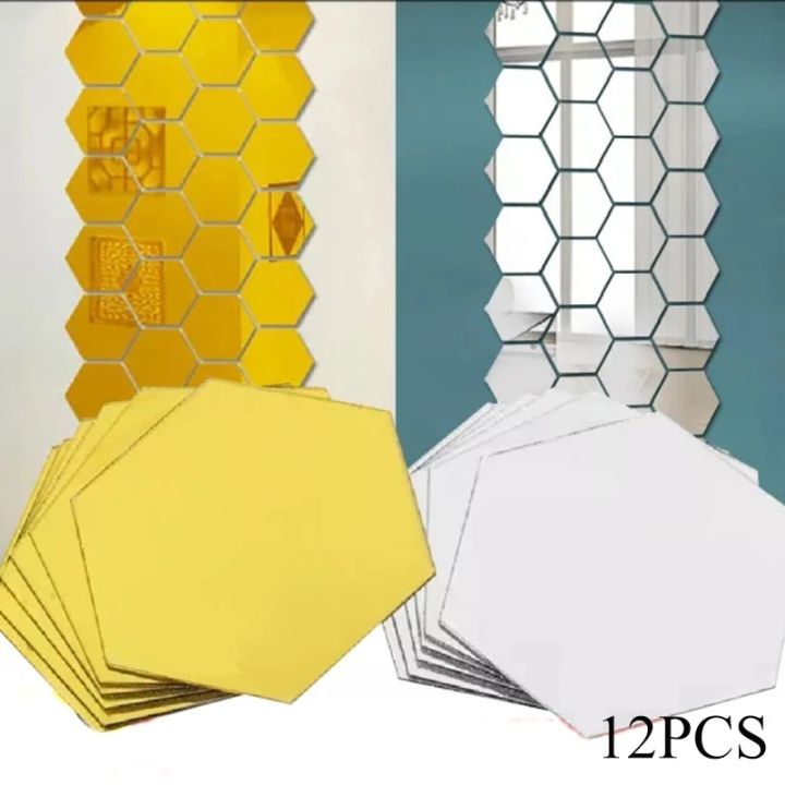 12Pcs 3D Mirror Wall Stickers Hexagon Shape Acrylic Removable Wall