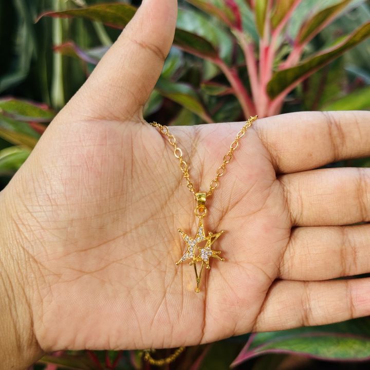 Gold plated beautiful, double star pendent and link chain, necklace for women and girl
