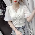【Free Returns】 Blouse Women Solid V-neck Chiffon Puff Sleeve Ladies Knitted Shirts Summer New Thin Korean Style Plus Size Female Tops. 