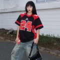Red number 24 womens T-shirt V-neck loose fit top oversized cool short sleeves. 