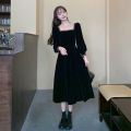 bellylady Women Cotton French Velvet Dress Retro Square Collar Puff Sleeves Simple Solid Color Large Swing Long Sleeves Dress. 