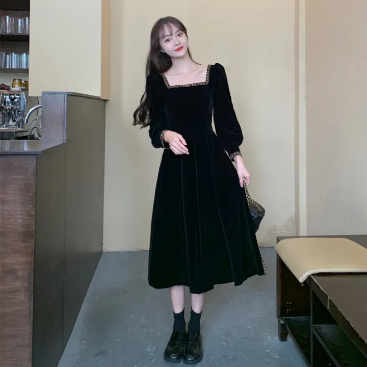 bellylady%20Women%20Cotton%20French%20Velvet%20Dress%20Retro%20Square%20Collar%20Puff%20Sleeves%20Simple%20Solid%20Color%20Large%20Swing%20Long%20Sleeves%20Dress%20-%20Image%206