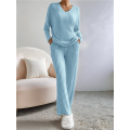 Womens Ribbed Knit 2 Piece Sets Long Sleeve Sweater and Wide Leg Pants Loungewear Pajamas Set. 