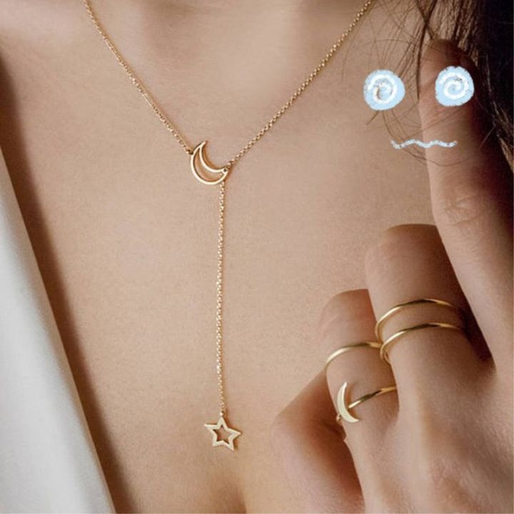 NK319 Fashion Moon Star Pendant Choker Necklace Simple Gold Color Alloy Charm Chain Collares Neck For Women Party Jewelry