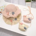 Kids Girls Large Wide Flower Straw Woven Sun Protection Beach Hat Colorful Sunscreen Ball Summer Floppy Bucket Cap Portable Handbag. 