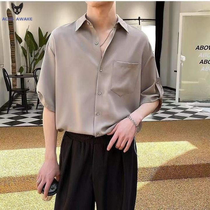 ACHS%20AWAKE%20Shirt%20Men's%20Short%20Sleeve%20Korean%20Style%20Fashion%20Men's%20Clothing%203/4%20Sleeve%20Shirt%20Lightly%20Mature%20Pu%20Handsome%20Summer%20Ice%20Silk%20-%20Image%202